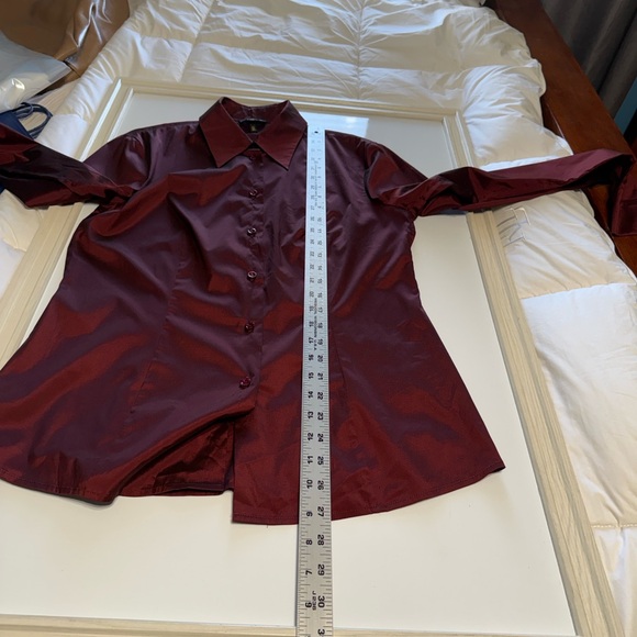 Escada Port Maroon Shimmer Stretch Button Down Blouse Crystal Buttons  38 (US 8) - Picture 12 of 14